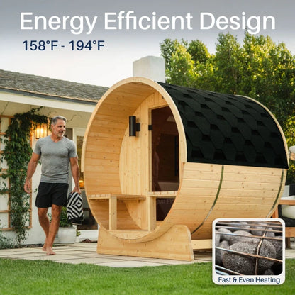 ALEKO - Anémona White Finland Pine Barrel Sauna with Front Porch Canopy - 2-4 Person