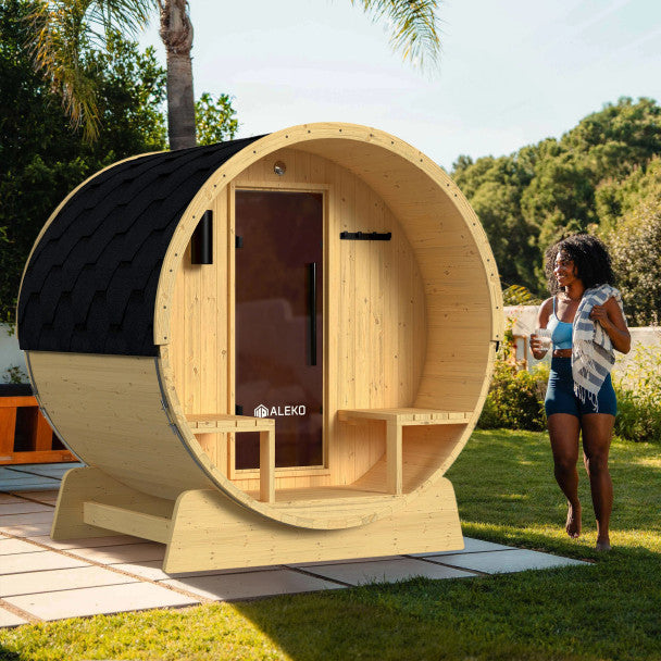 ALEKO - Anémona White Finland Pine Barrel Sauna with Front Porch Canopy - 2-4 Person