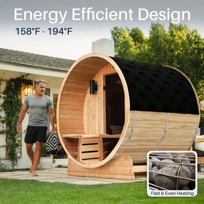 ALEKO - Liatris Rustic Cedar Barrel Sauna with Front Porch Canopy - 5-6 Person