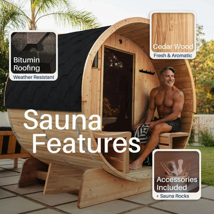 ALEKO - Liatris Rustic Cedar Barrel Sauna with Front Porch Canopy - 5-6 Person