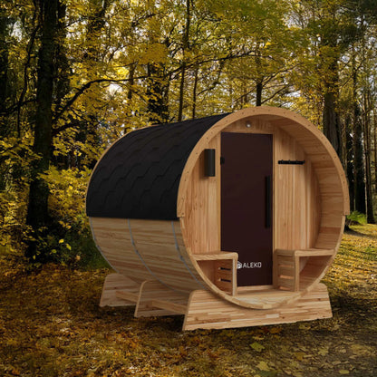 ALEKO - Liatris Rustic Cedar Barrel Sauna with Front Porch Canopy - 5-6 Person